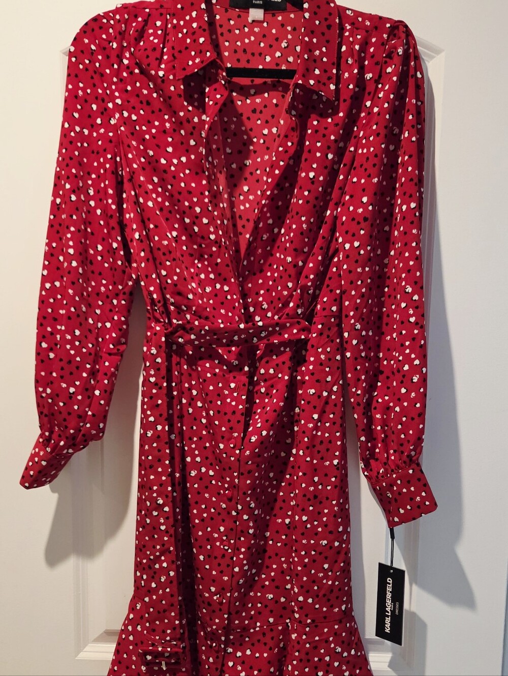 Karl Lagerfeld Red Heart-Print Wrap Dress with Matching Belt